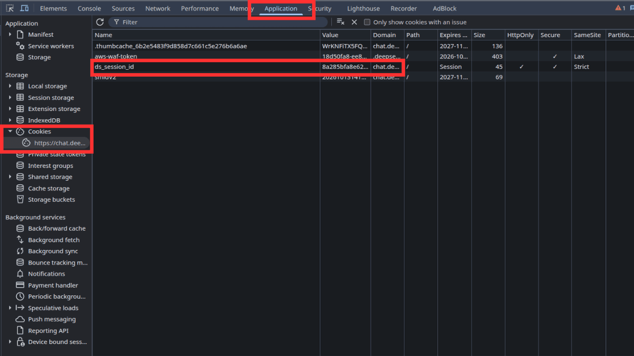 Chrome DevTools showing the ds_session_id cookie highlighted