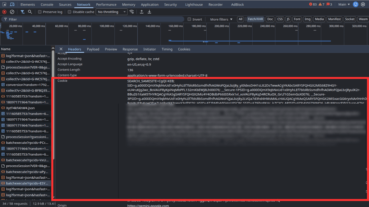 Gemini request headers showing the Cookie header
