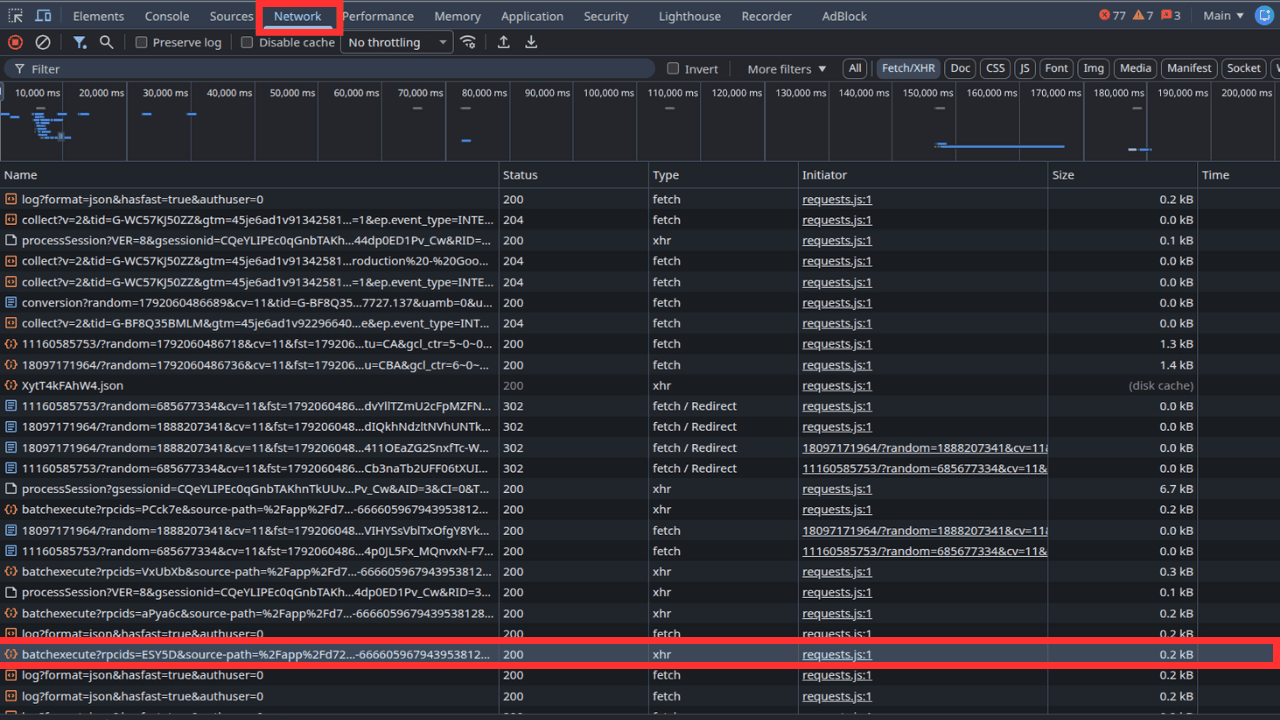 Chrome DevTools Network tab showing Gemini requests